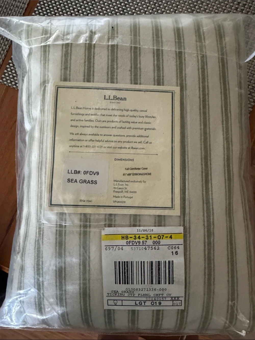 L.L. Bean Flannel Comforter Cover in White and Sage Stripe in Sea Grass